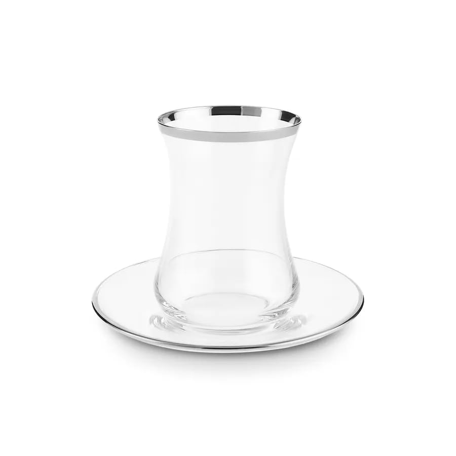 Karaca Sydney Elegant Tea Glass Set of 12 - Clear Turkish Tea Cup Glasses and Saucers, 160 ml Curved Design Drinkware Cups, Dishwasher Safe, Platinum