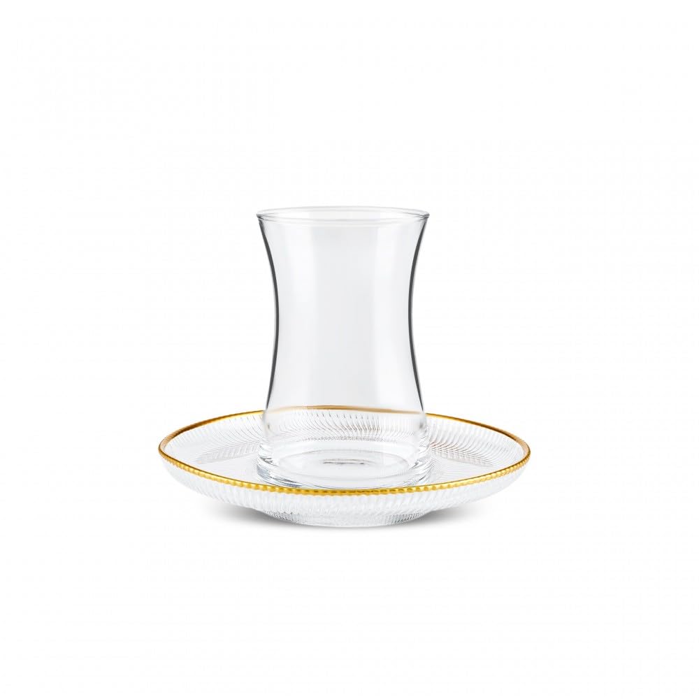 Karaca Juliet Turkish Tea Cups Set of 12, 170ml/5.74oz Turkish Tea Glasses with Gold Detail Saucers for 6 People, Ideal Glass Set for Mother's Day and Housewarming