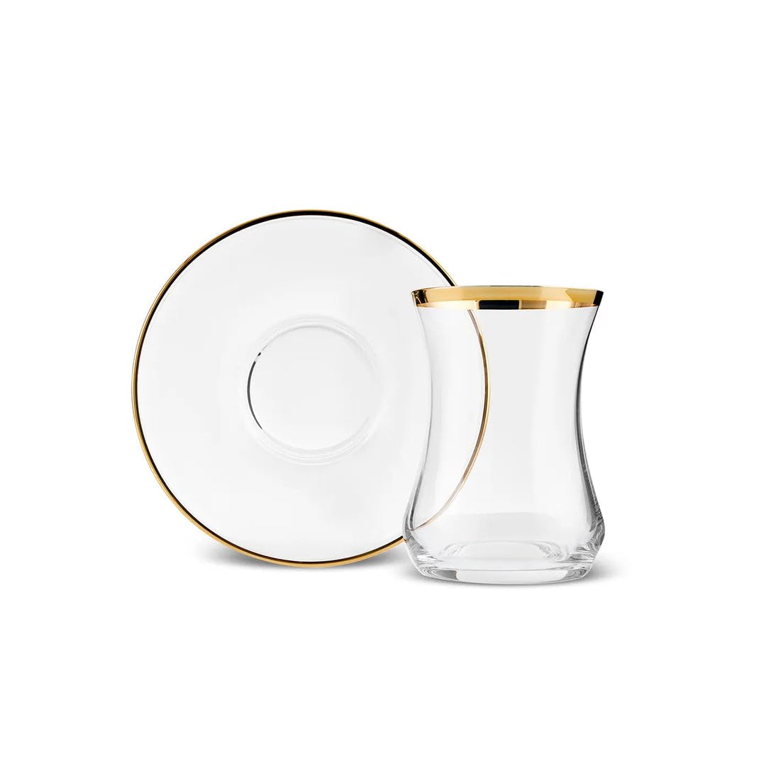 KARACA Sydney 12-Piece Glass Turkish Tea Set for 6 People, Gold, Tea Service, 6 Turkish Tea Glasses with Saucers, 12 Pieces, Glass, Tea Plates/Saucers