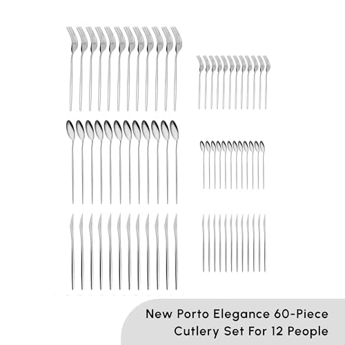 Karaca New Porto Elegance 60-Piece Cutlery Set for 12 People, Tablespoons, Table Forks, Premium Quality, Healthy and Hygienic, Modern Design, Stainless Steel Cutlery Set
