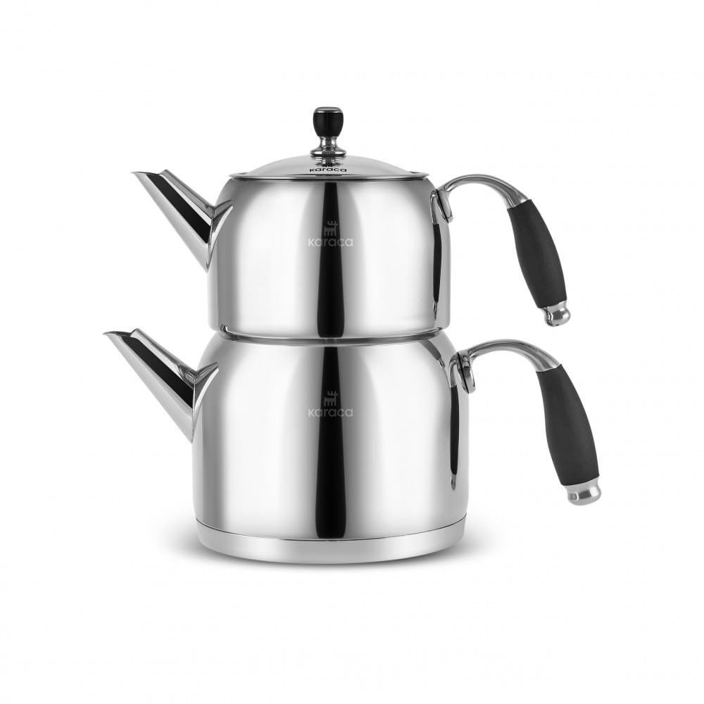 Karaca Stella Stainless Steel Turkish Teapot Set, 1L Tea Pot & 2L Water Tank (Kettle), Stove Top/Induction Compatible, Elegant Silver Color, Easy to Clean, Heat-Resistant Handles
