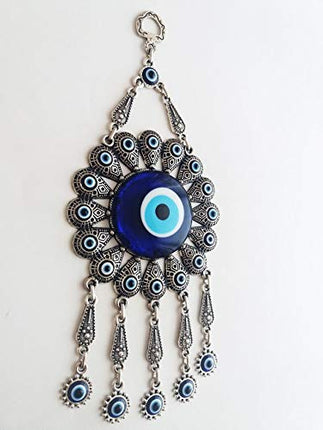 Erbulus Turkish Glass Blue Evil Eye Wall Hanging Ornament with Flower Design - Metal Home Decor - Turkish Nazar Bead Amulet - Protection and Good Luck Charm Gift in a Box
