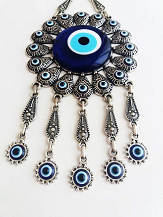Erbulus Turkish Glass Blue Evil Eye Wall Hanging Ornament with Flower Design - Metal Home Decor - Turkish Nazar Bead Amulet - Protection and Good Luck Charm Gift in a Box