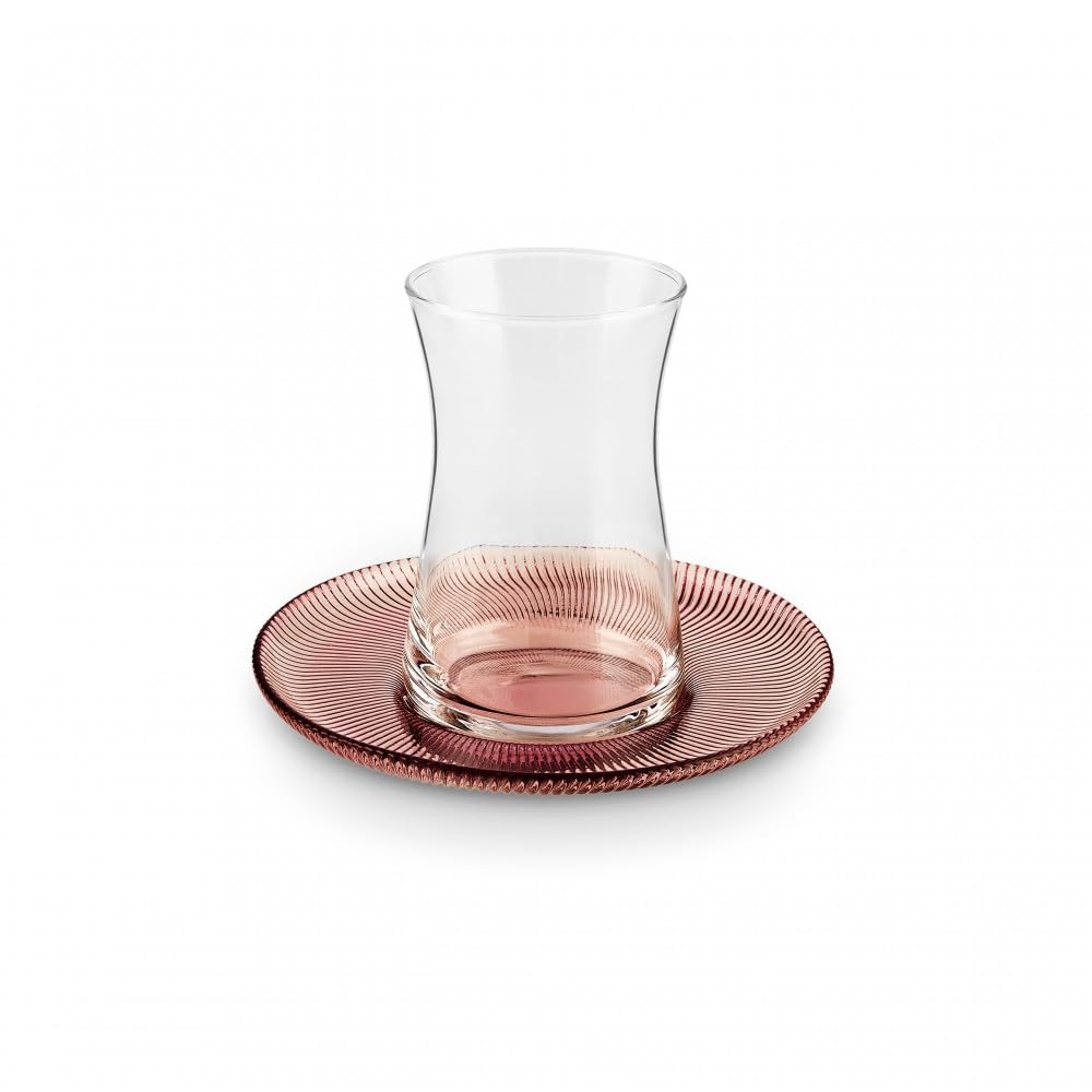 Karaca Juliet Turkish Tea Cups Set of 12, 170ml/5.74oz Turkish Tea Glasses with Brown Detail Saucers for 6 People, Ideal Glass Set for Mother's Day and Housewarming