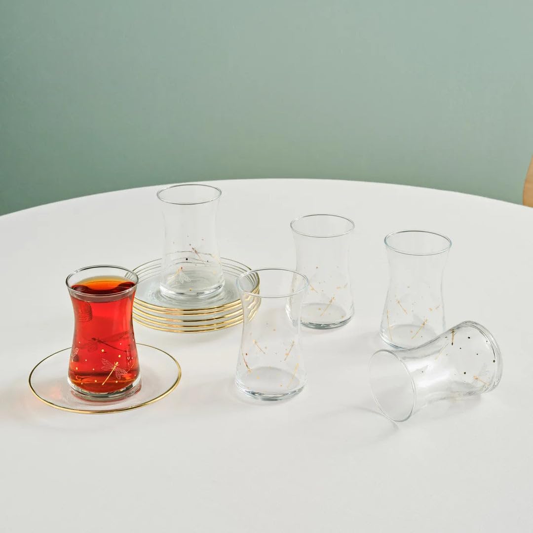 KARACA Yusufcuk Glass Turkish Tea Set with Saucers for 6 People, Turkish Tea Glasses Set of 12 for Adults, 170ml, Gold