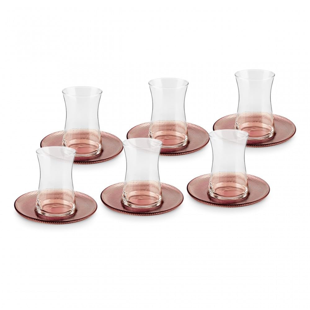 Karaca Juliet Turkish Tea Cups Set of 12, 170ml/5.74oz Turkish Tea Glasses with Brown Detail Saucers for 6 People, Ideal Glass Set for Mother's Day and Housewarming