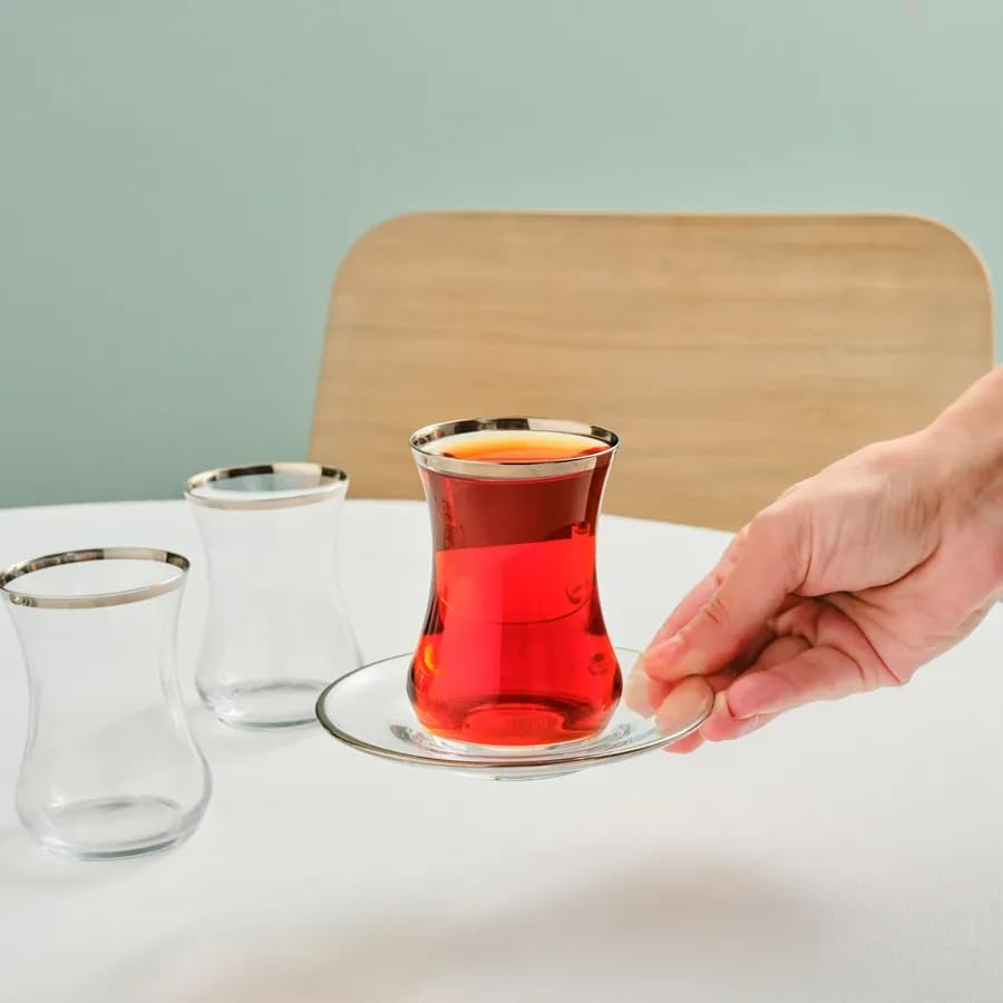 Karaca Sydney Elegant Tea Glass Set of 12 - Clear Turkish Tea Cup Glasses and Saucers, 160 ml Curved Design Drinkware Cups, Dishwasher Safe, Platinum