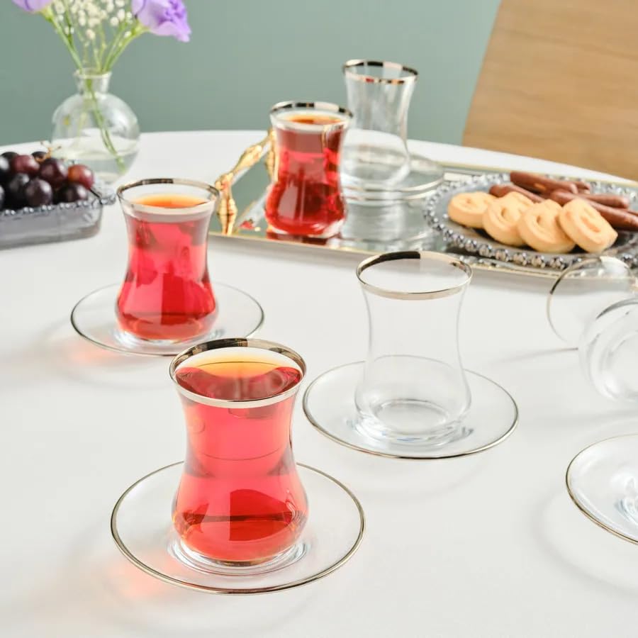 Karaca Sydney Elegant Tea Glass Set of 12 - Clear Turkish Tea Cup Glasses and Saucers, 160 ml Curved Design Drinkware Cups, Dishwasher Safe, Platinum