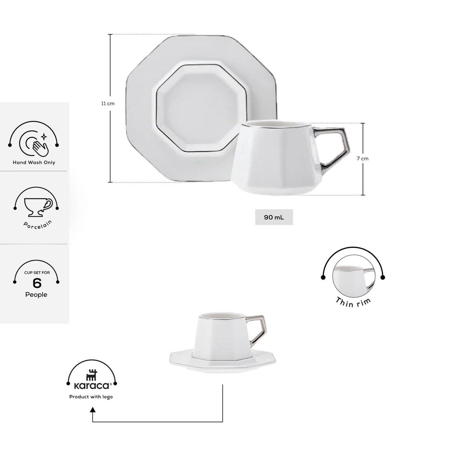 KARACA Zeher Turkish Coffee Cup Set for 6 People - 12 Piece Cups with Saucers - Small Porcelain Espresso Set - Ideal for Serving Greek, Arabic Coffee (3 fl oz)