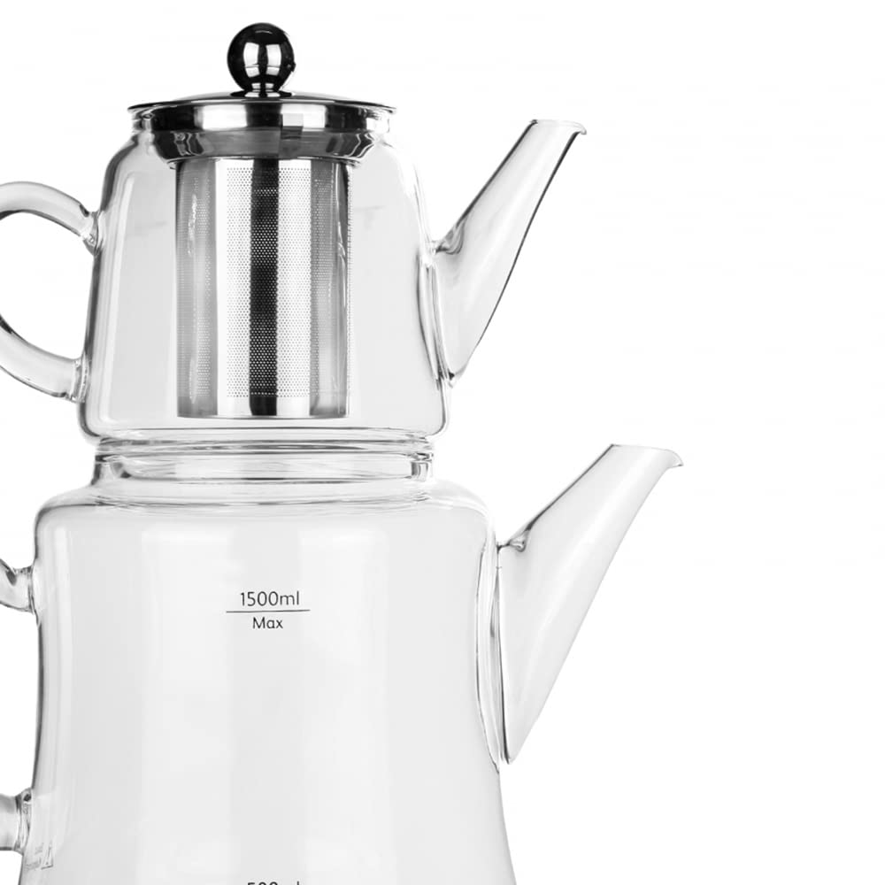 Karaca Dora Teapot Set, Glass, Tea Pot 0.45 L, Kettle 1.8 L, Silver, Transparent, Tea Maker, Turkish Tea Kettle, Tea Maker