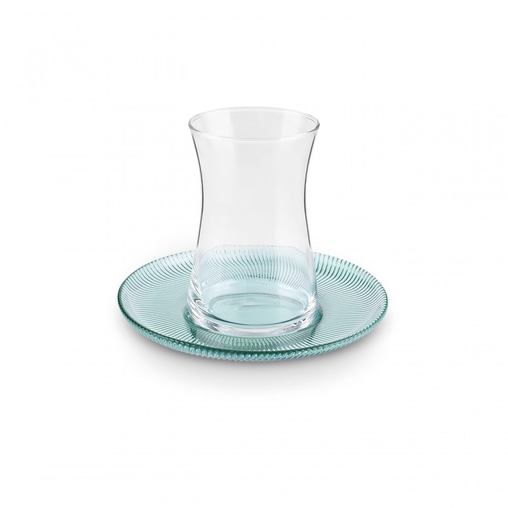 Karaca Juliet Turkish Tea Cups Set of 12, 170ml/5.74oz Turkish Tea Glasses with Green Detail Saucers for 6 People, Ideal Glass Set for Mother's Day and Housewarming