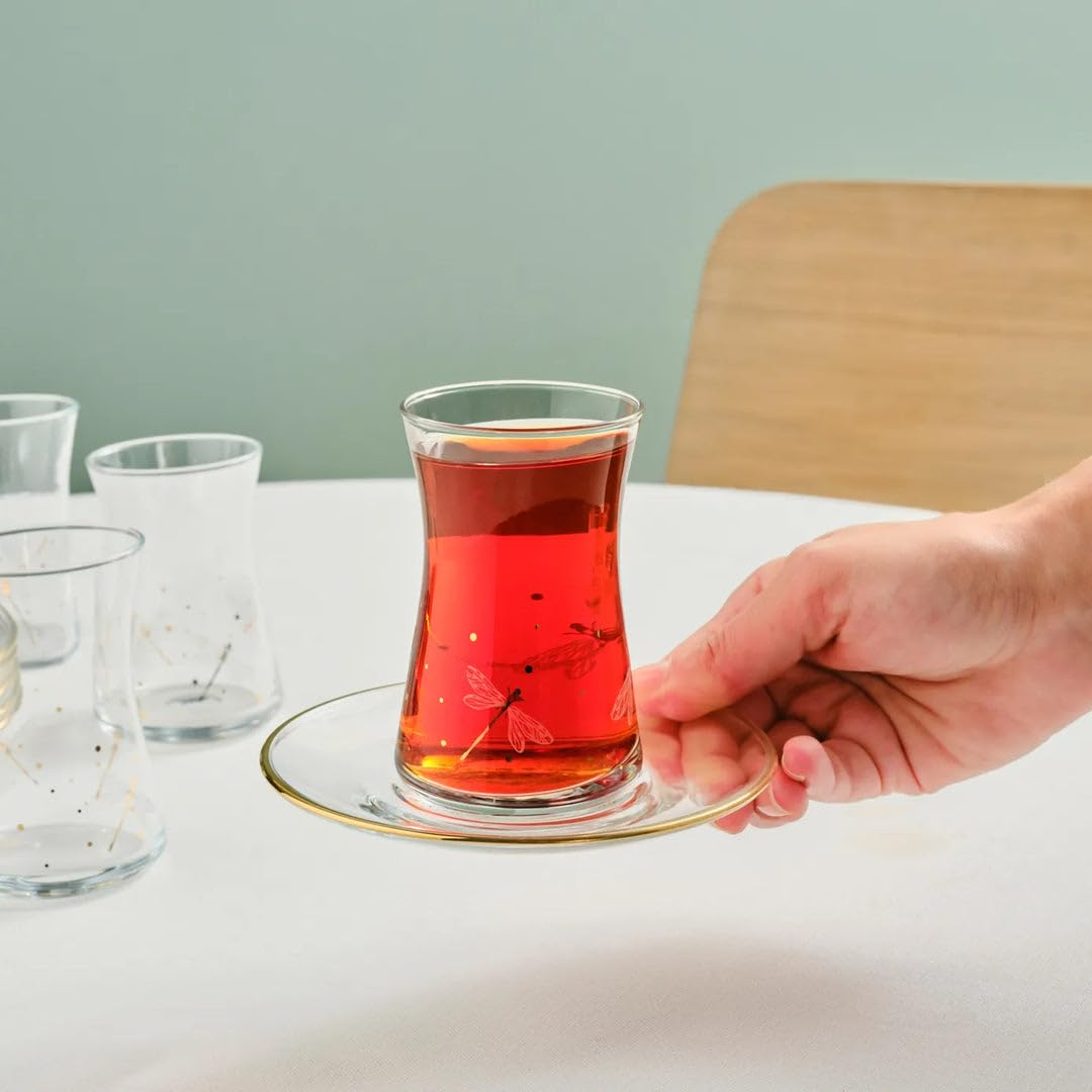 KARACA Yusufcuk Glass Turkish Tea Set with Saucers for 6 People, Turkish Tea Glasses Set of 12 for Adults, 170ml, Gold