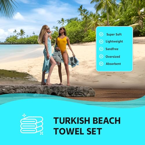 HAVLULAND 4-Pack Turkish Beach Towels – Oversized, Quick-Dry & Sand-Free | Lightweight, Absorbent Bath Towels for Travel, Pool, Vacation & Beach | 40” x 72” Bulk Set – Blue