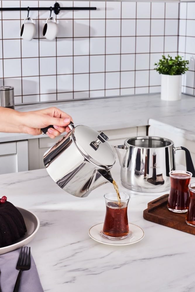Karaca Fiona Stainless Steel Turkish Teapot Set, 1L Tea Pot & 2L Water Tank (Kettle), Stove Top/Induction Compatible, Elegant Silver Design, Easy to Clean, Non-Flammable Handles