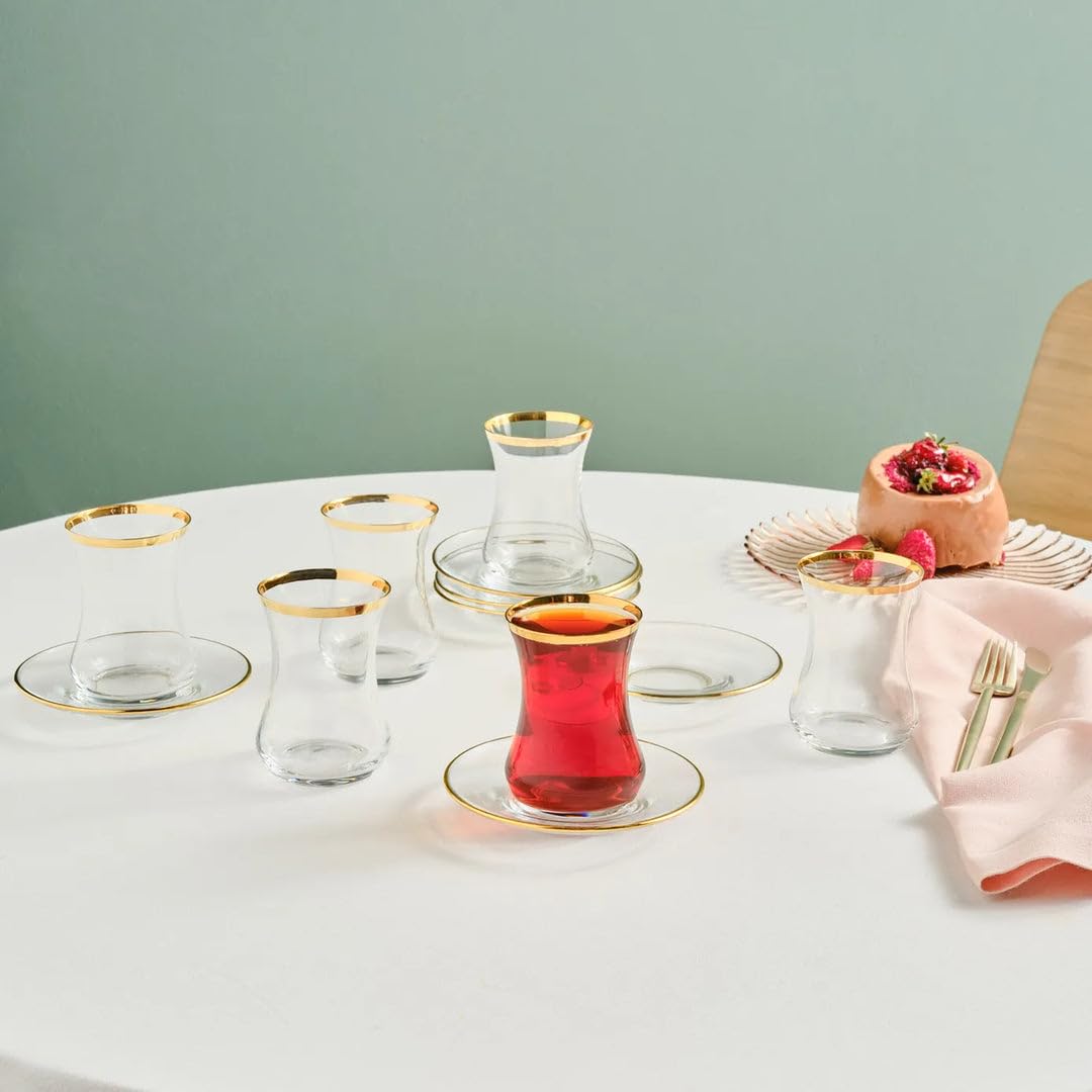 KARACA Sydney 12-Piece Glass Turkish Tea Set for 6 People, Gold, Tea Service, 6 Turkish Tea Glasses with Saucers, 12 Pieces, Glass, Tea Plates/Saucers