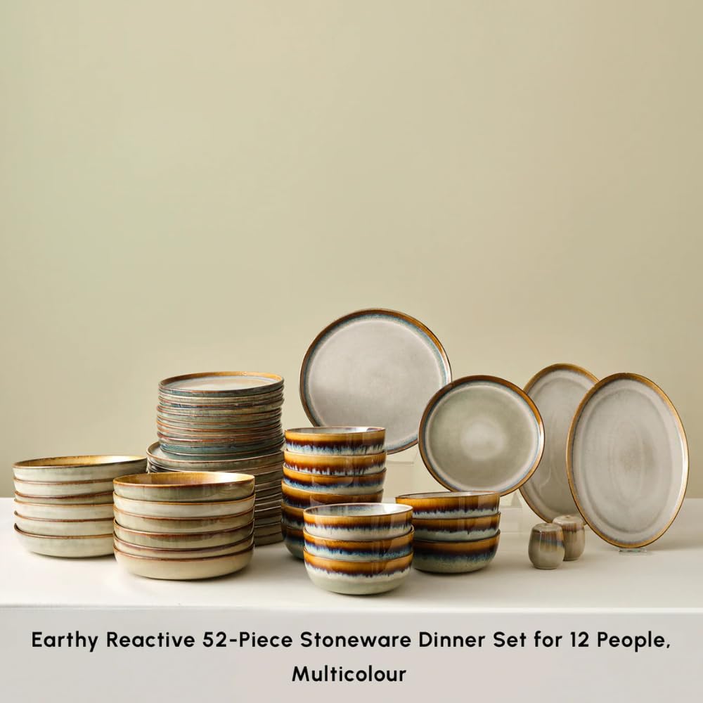 Karaca Earthy Stoneware Plates and Bowls Set, Reactive Glaze Dinner Set, Complete Kitchen Tableware Collection, Ideal Dinnerware for 12 People Dining Experience, Dishwasher Safe, 52 Piece