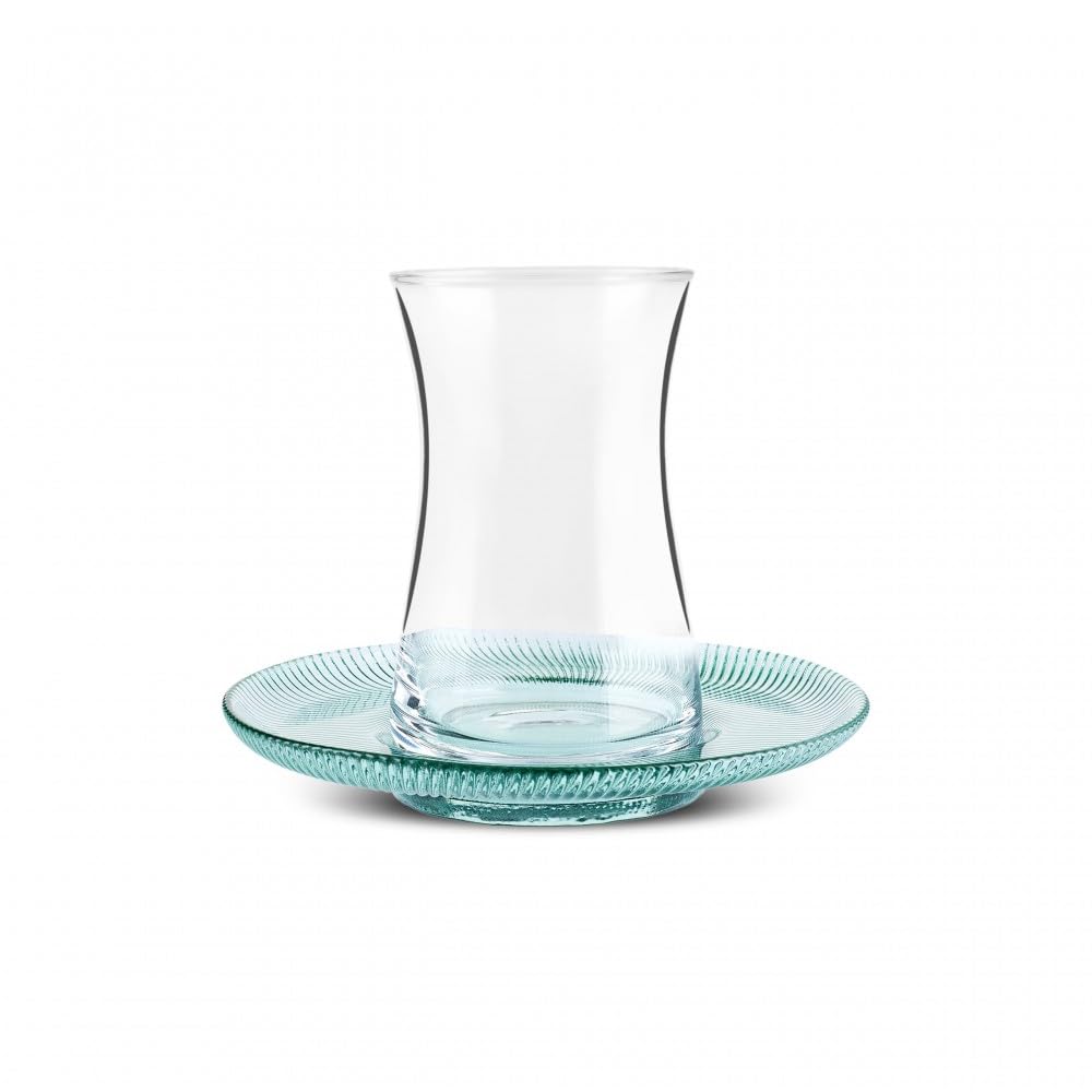 Karaca Juliet Turkish Tea Cups Set of 12, 170ml/5.74oz Turkish Tea Glasses with Green Detail Saucers for 6 People, Ideal Glass Set for Mother's Day and Housewarming