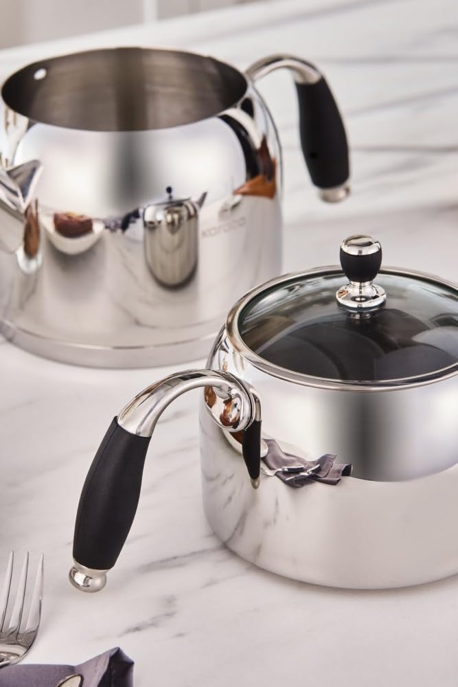 Karaca Stella Stainless Steel Turkish Teapot Set, 1L Tea Pot & 2L Water Tank (Kettle), Stove Top/Induction Compatible, Elegant Silver Color, Easy to Clean, Heat-Resistant Handles