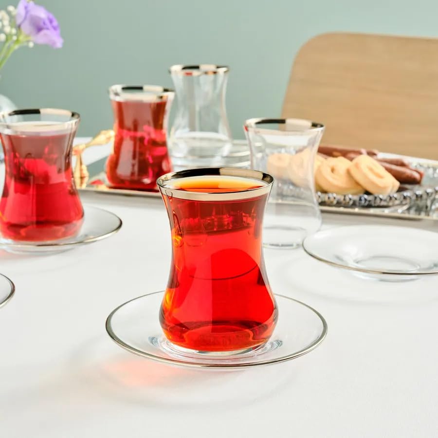 Karaca Sydney Elegant Tea Glass Set of 12 - Clear Turkish Tea Cup Glasses and Saucers, 160 ml Curved Design Drinkware Cups, Dishwasher Safe, Platinum