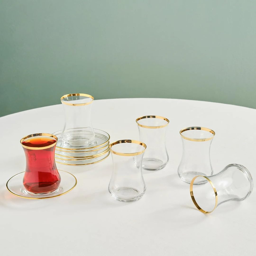KARACA Sydney 12-Piece Glass Turkish Tea Set for 6 People, Gold, Tea Service, 6 Turkish Tea Glasses with Saucers, 12 Pieces, Glass, Tea Plates/Saucers
