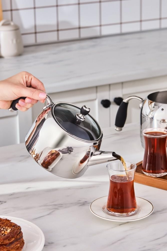 Karaca Stella Stainless Steel Turkish Teapot Set, 1L Tea Pot & 2L Water Tank (Kettle), Stove Top/Induction Compatible, Elegant Silver Color, Easy to Clean, Heat-Resistant Handles