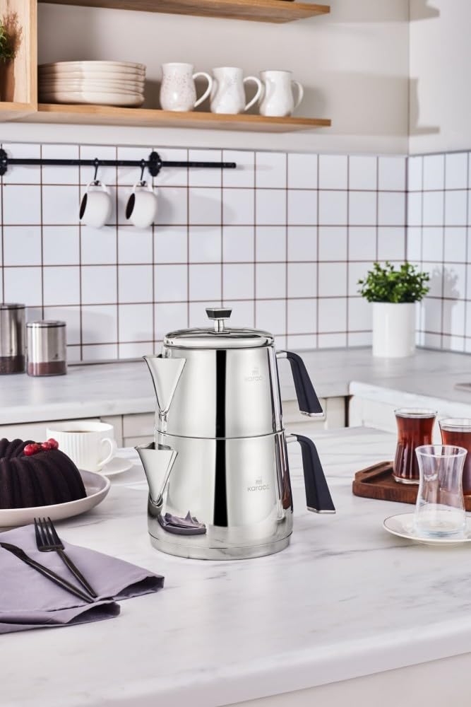 Karaca Fiona Stainless Steel Turkish Teapot Set, 1L Tea Pot & 2L Water Tank (Kettle), Stove Top/Induction Compatible, Elegant Silver Design, Easy to Clean, Non-Flammable Handles