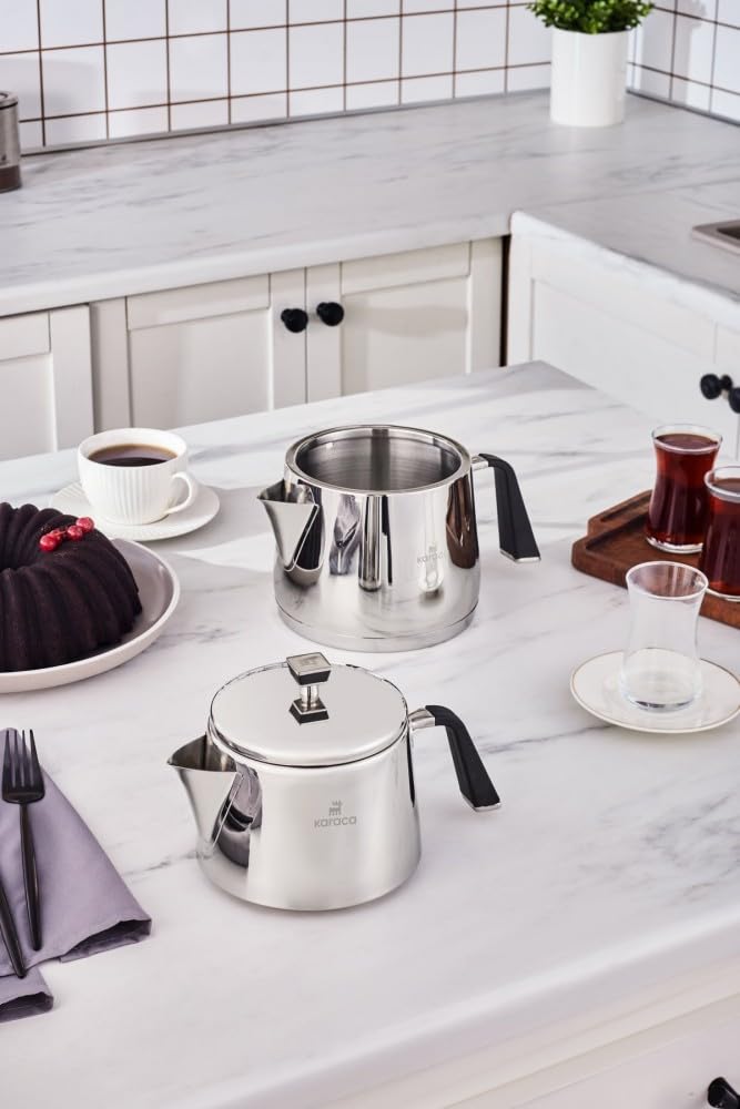 Karaca Fiona Stainless Steel Turkish Teapot Set, 1L Tea Pot & 2L Water Tank (Kettle), Stove Top/Induction Compatible, Elegant Silver Design, Easy to Clean, Non-Flammable Handles