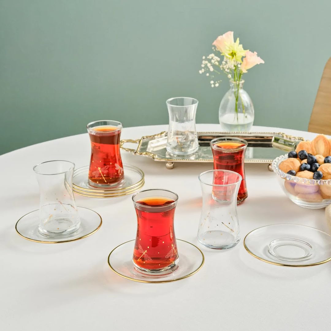 KARACA Yusufcuk Glass Turkish Tea Set with Saucers for 6 People, Turkish Tea Glasses Set of 12 for Adults, 170ml, Gold