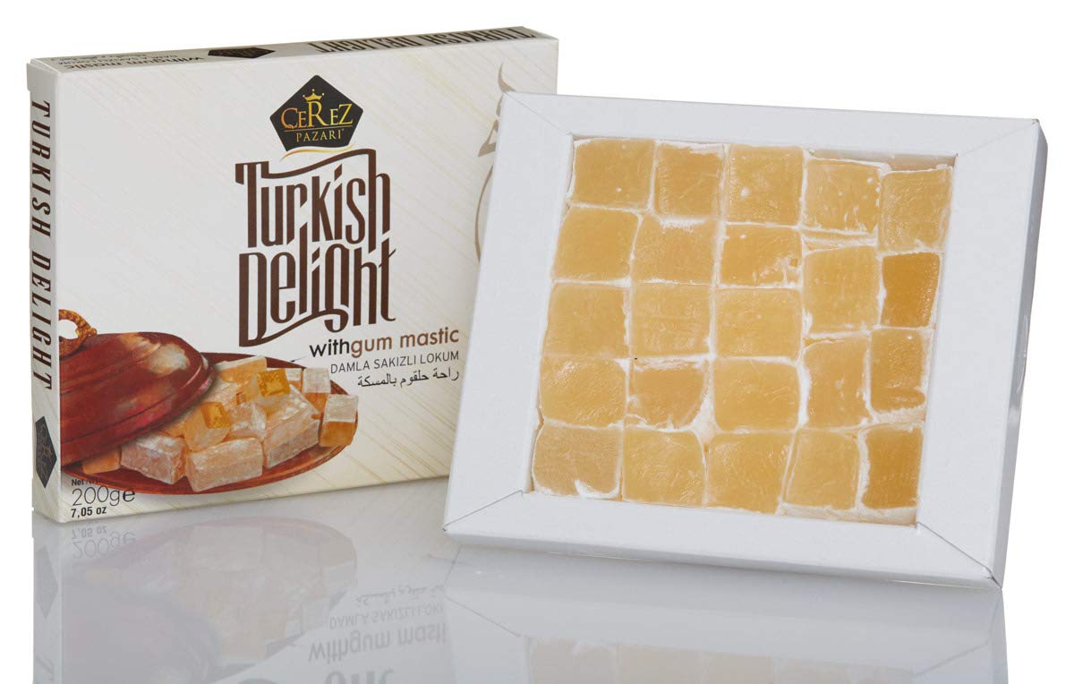 Cerez Pazari Turkish Delight with Fantastic Gum Mastic 7 oz Gourmet Small Size Snacks Gift Box | No Nuts Sweet Luxury Traditional Confectionery Vegan Soft Candy Dessert Glucose Free Lokum (Loukoumi) Approx.18 Pcs
