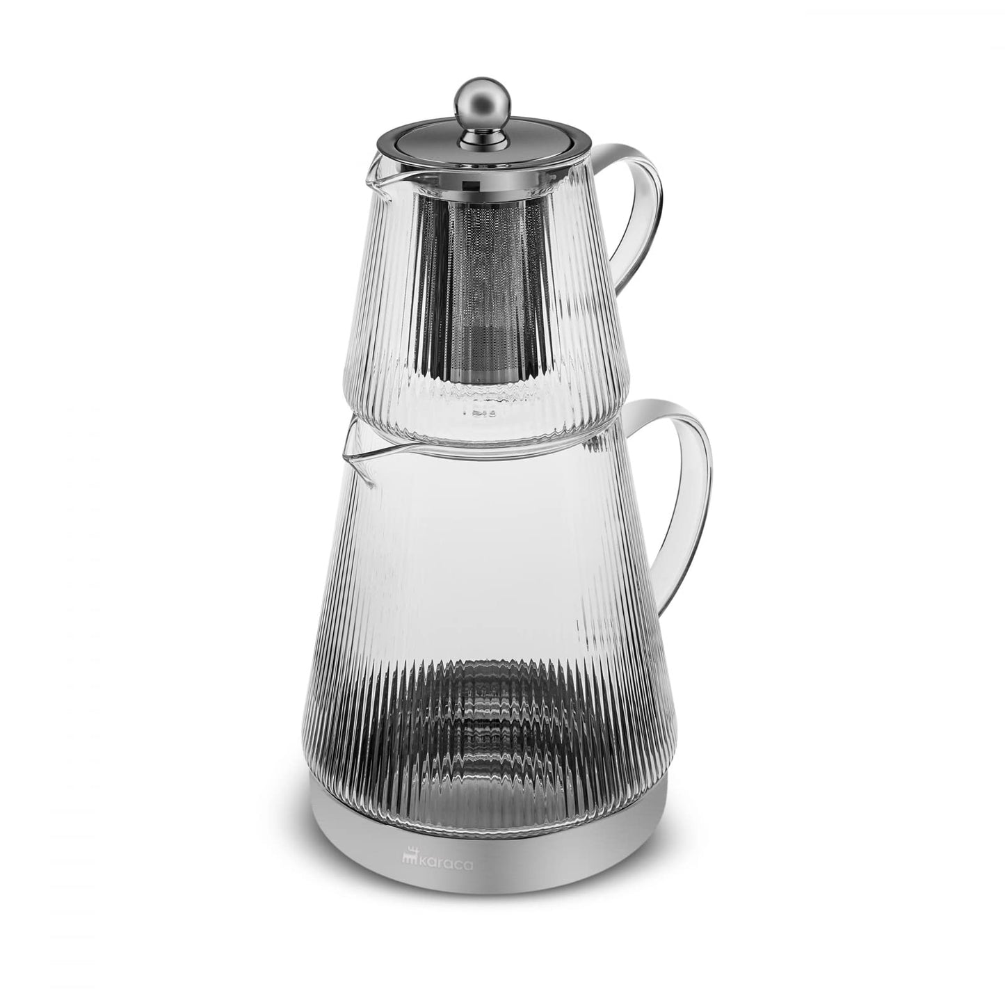 Karaca Keops Turkish Teapot with Infuser and Lid (450 ml Tea Pot & 1500 ml Induction Kettle) - Borosilicate Glass Teapot Set for Stovetops - Clear Tea Maker with 10-15 Cups Capacity