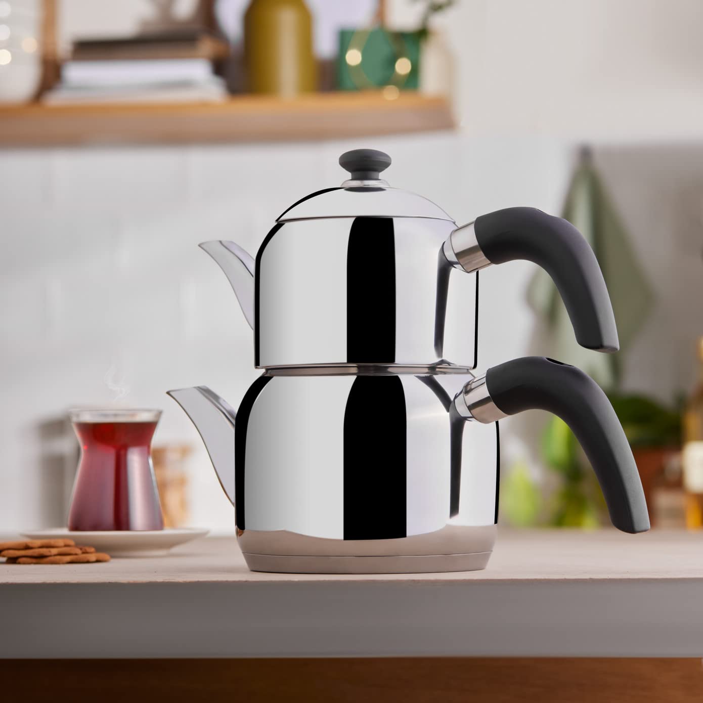 Karaca Edge Mini Induction Base Teapot Black Set Teapot 1 Litre + Teapot Lid Drinker 1.5 Litre Volume 2.5 litres Turkish Teapot Caydanlik, Demlik, Tea Pot