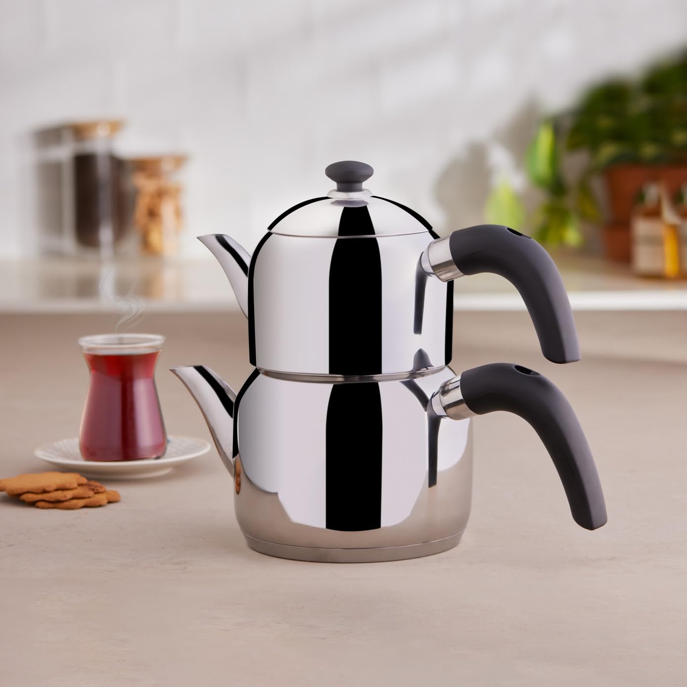 Karaca Edge Mini Induction Base Teapot Black Set Teapot 1 Litre + Teapot Lid Drinker 1.5 Litre Volume 2.5 litres Turkish Teapot Caydanlik, Demlik, Tea Pot