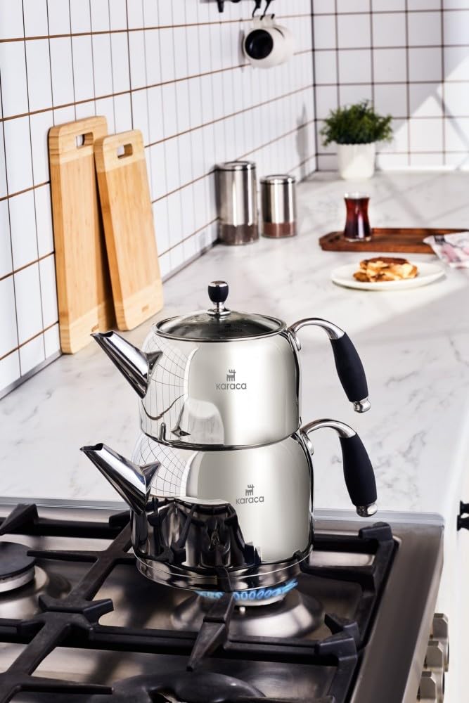 Karaca Stella Stainless Steel Turkish Teapot Set, 1L Tea Pot & 2L Water Tank (Kettle), Stove Top/Induction Compatible, Elegant Silver Color, Easy to Clean, Heat-Resistant Handles