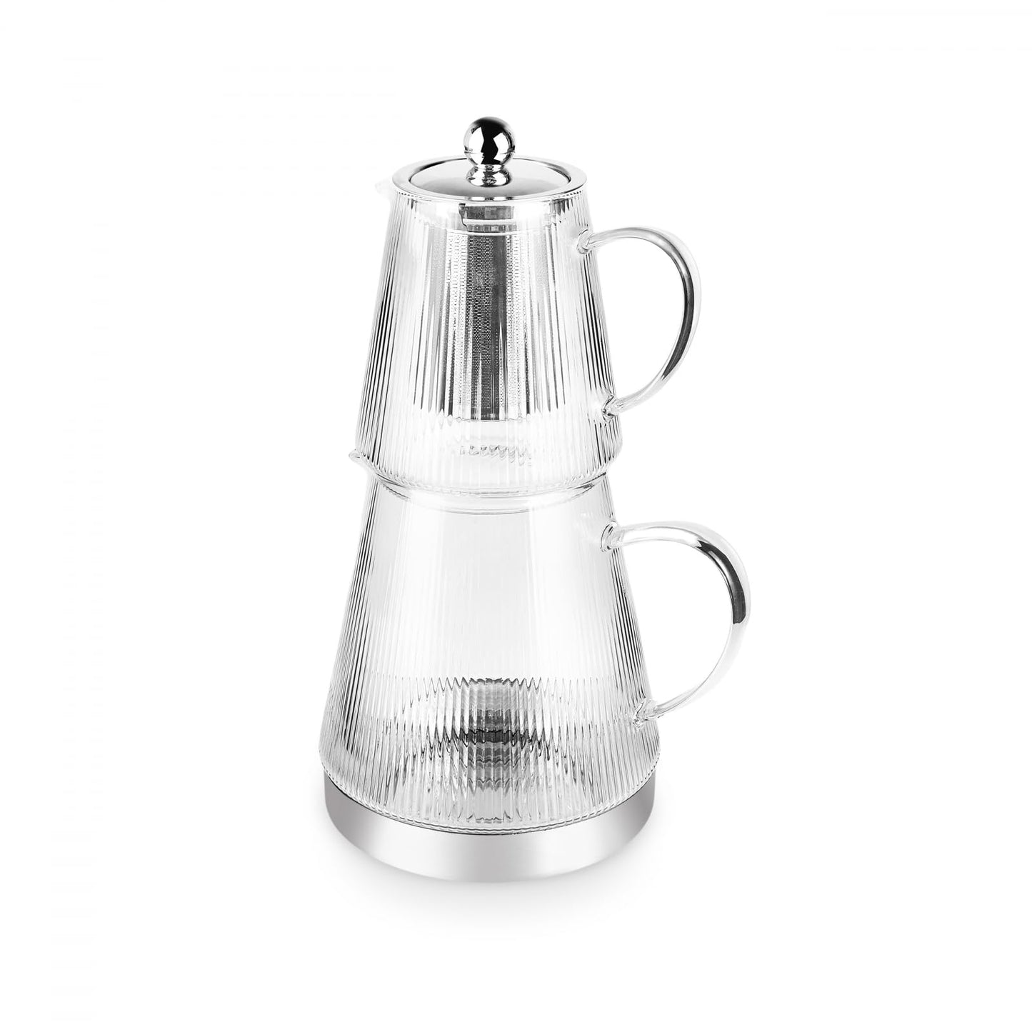 Karaca Keops XL Borosilicate Glass Teapot with Infuser and Lid for Stovetop, Transparent Silver, 1L Tea Pot & 2L Tea Kettle Set for Loose Leaf & Herbal, Dishwasher Safe