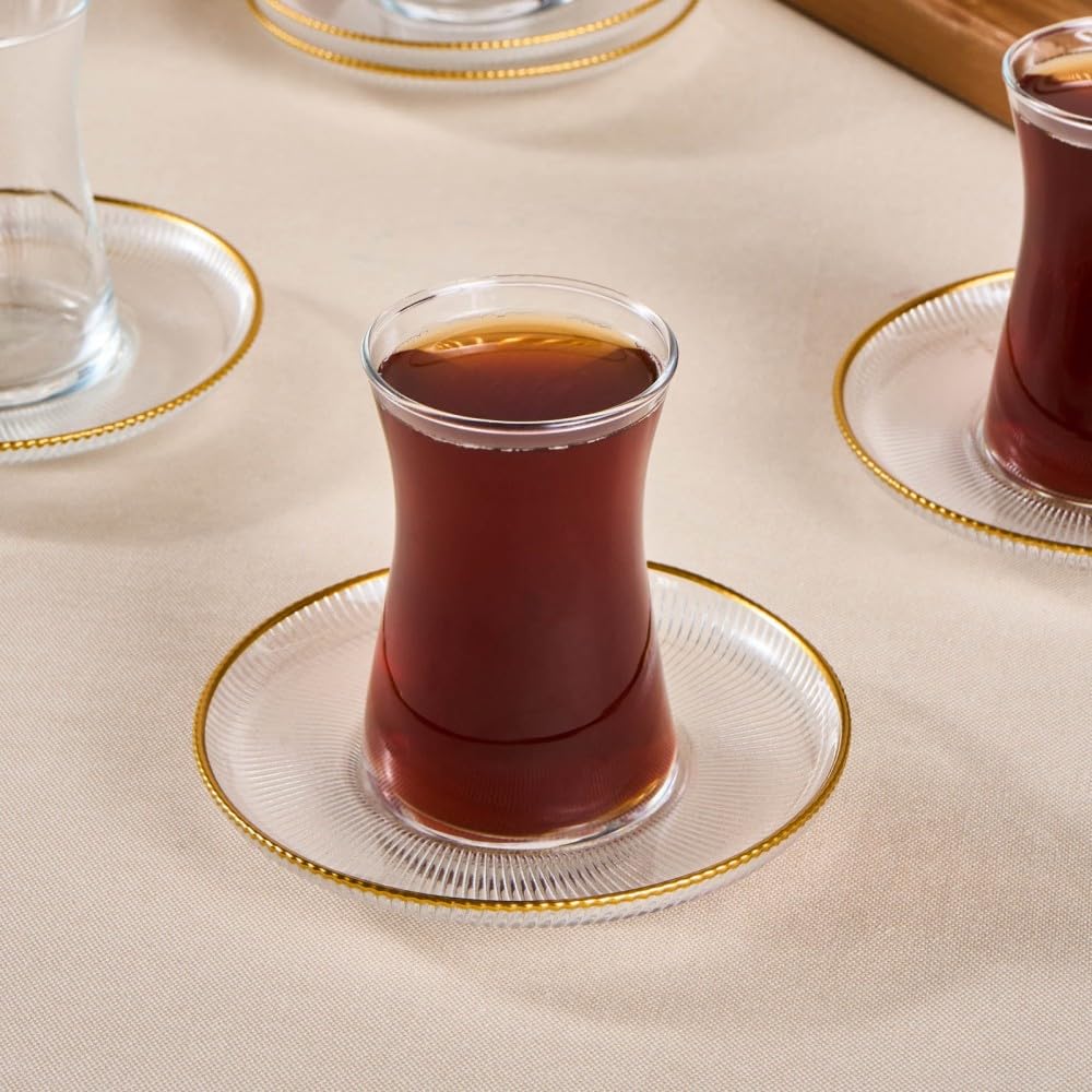 Karaca Juliet Turkish Tea Cups Set of 12, 170ml/5.74oz Turkish Tea Glasses with Gold Detail Saucers for 6 People, Ideal Glass Set for Mother's Day and Housewarming