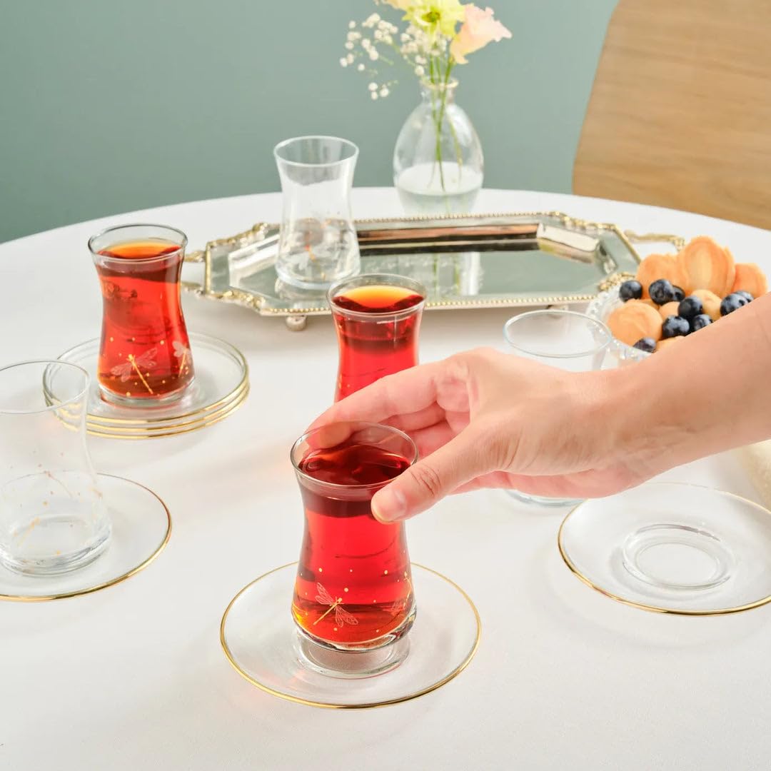 KARACA Yusufcuk Glass Turkish Tea Set with Saucers for 6 People, Turkish Tea Glasses Set of 12 for Adults, 170ml, Gold