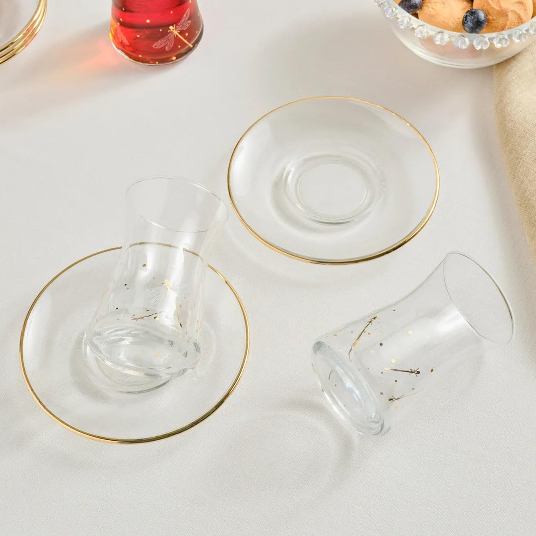 KARACA Yusufcuk Glass Turkish Tea Set with Saucers for 6 People, Turkish Tea Glasses Set of 12 for Adults, 170ml, Gold