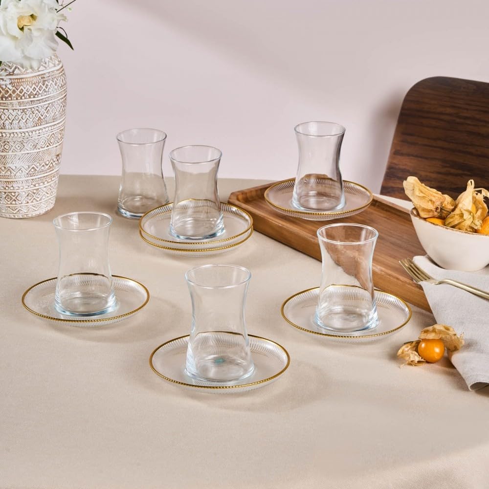 Karaca Juliet Turkish Tea Cups Set of 12, 170ml/5.74oz Turkish Tea Glasses with Gold Detail Saucers for 6 People, Ideal Glass Set for Mother's Day and Housewarming