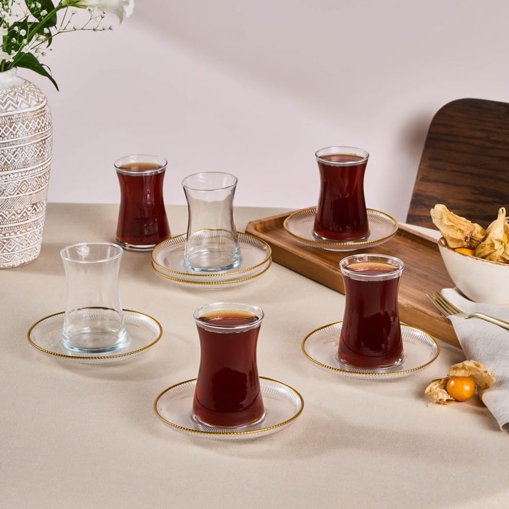 Karaca Juliet Turkish Tea Cups Set of 12, 170ml/5.74oz Turkish Tea Glasses with Gold Detail Saucers for 6 People, Ideal Glass Set for Mother's Day and Housewarming