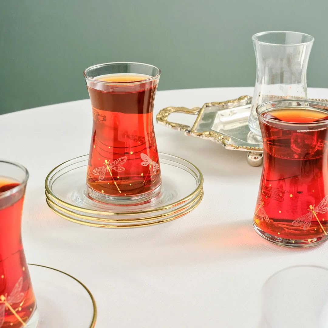 KARACA Yusufcuk Glass Turkish Tea Set with Saucers for 6 People, Turkish Tea Glasses Set of 12 for Adults, 170ml, Gold