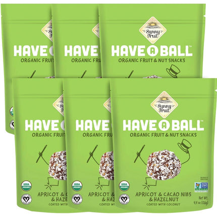 Sunny Fruit 100% RAW Fruit & Nut Snacks, Apricot, Cacao Nibs & Hazelnut, 6-Pack (9 Balls Per Bag) | Healthy, Convenient, On-the-Go Energy Balls | ORGANIC, VEGAN, GLUTEN-FREE, KOSHER, NO ADDED SUGAR