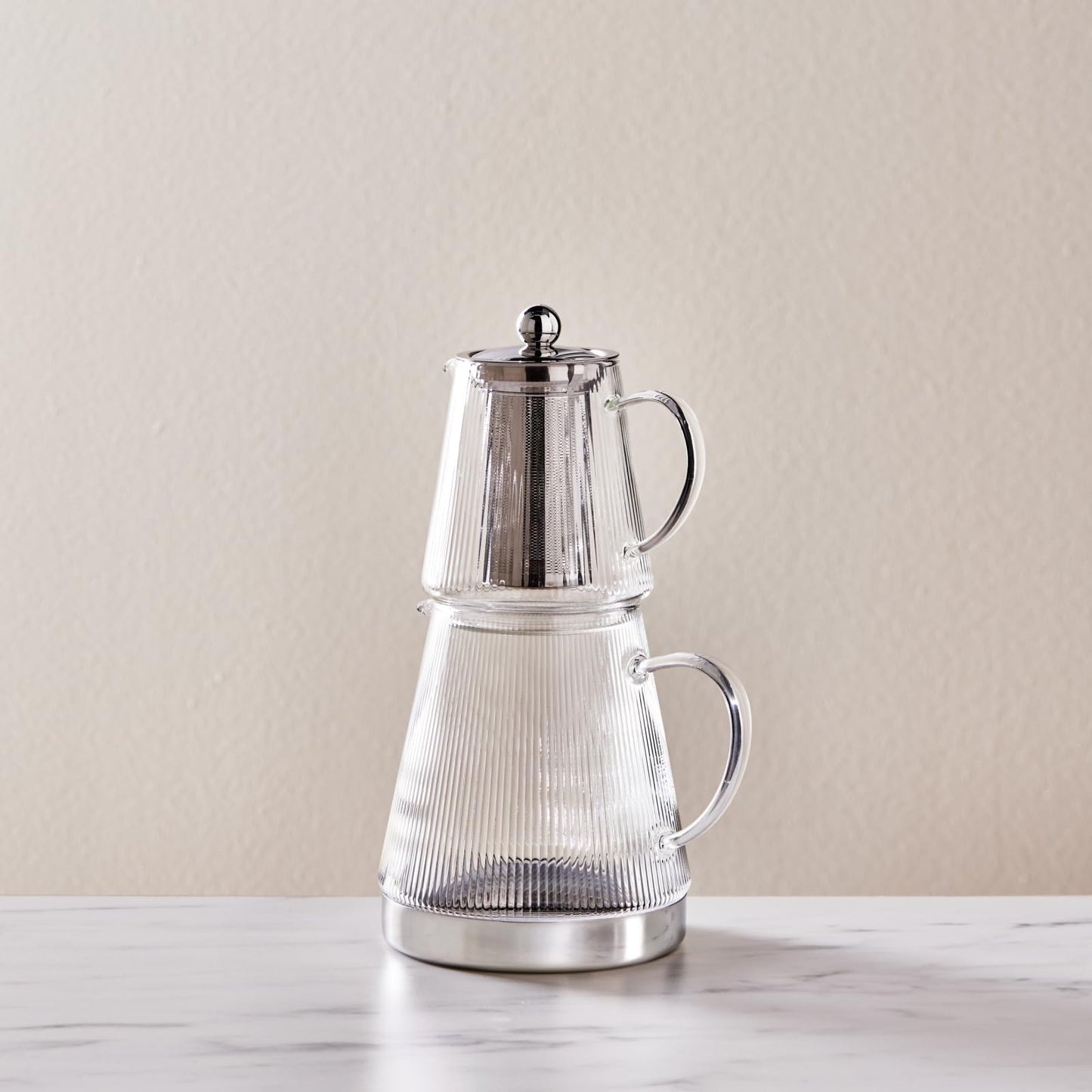 Karaca Keops XL Borosilicate Glass Teapot with Infuser and Lid for Stovetop, Transparent Silver, 1L Tea Pot & 2L Tea Kettle Set for Loose Leaf & Herbal, Dishwasher Safe