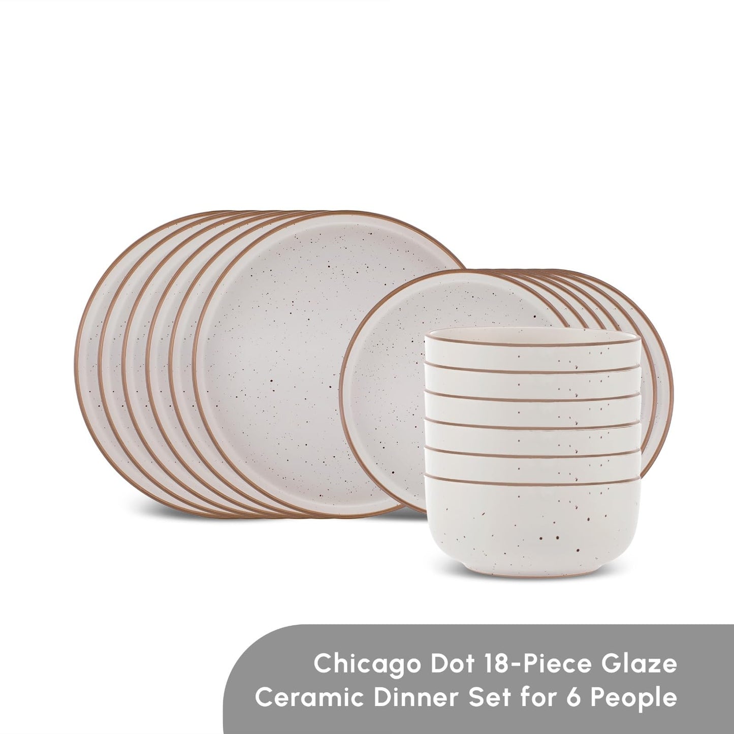 Karaca Chicago Dot Stoneware Dinnerware Set for 6 People - 18-Piece Modern & Unique Dishware Sets - Plate Sets with Dinner Plate, Side Plate, Bowl - Dishwasher & Microwave Safe - Beige
