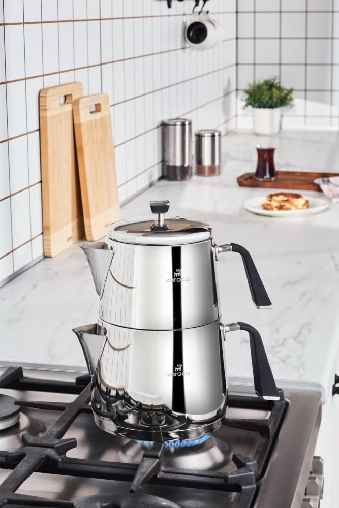 Karaca Fiona Stainless Steel Turkish Teapot Set, 1L Tea Pot & 2L Water Tank (Kettle), Stove Top/Induction Compatible, Elegant Silver Design, Easy to Clean, Non-Flammable Handles