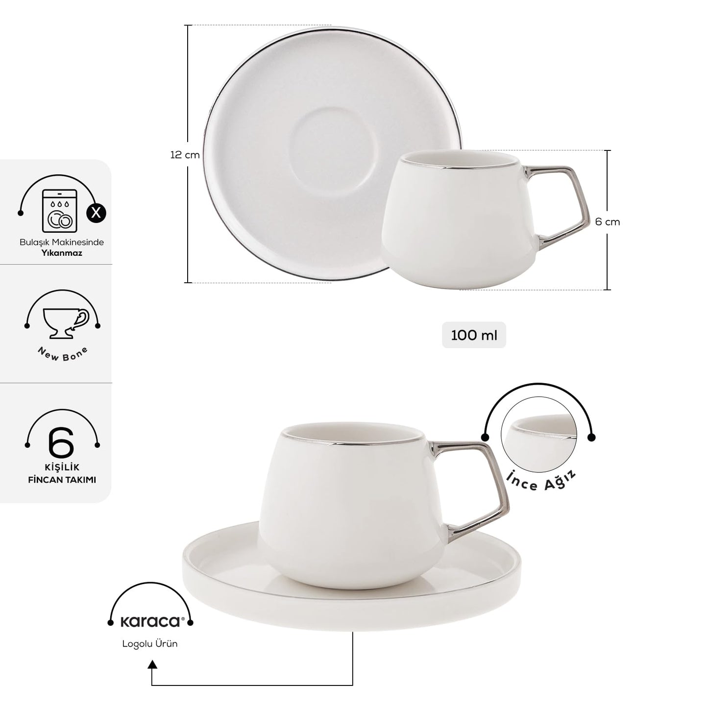 KARACA Saturn Platin Turkish Coffee Cup Set for 6 People - 12 Piece White Cups with Saucers - Small Porcelain Modern Set - Ideal for Serving Greek, Arabic Coffee & Espresso (3.3 fl oz)