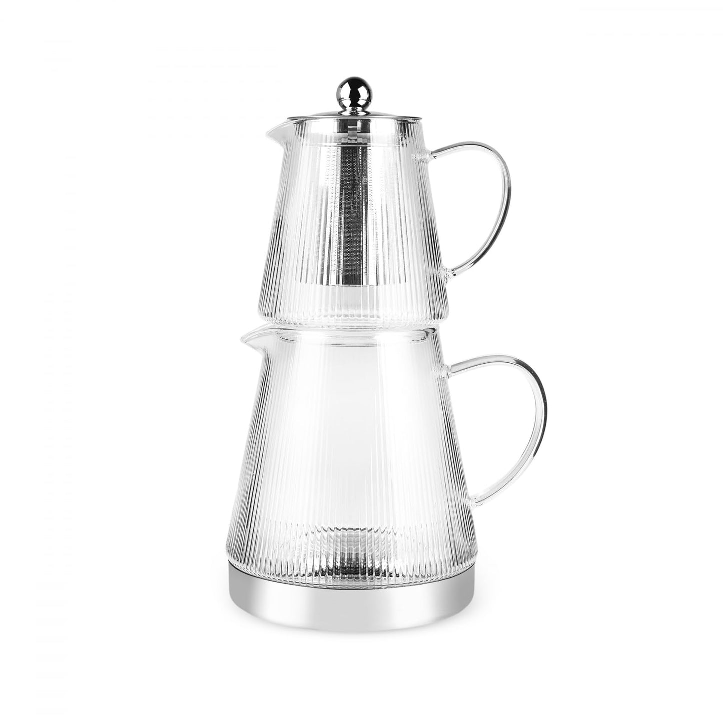 Karaca Keops XL Borosilicate Glass Teapot with Infuser and Lid for Stovetop, Transparent Silver, 1L Tea Pot & 2L Tea Kettle Set for Loose Leaf & Herbal, Dishwasher Safe