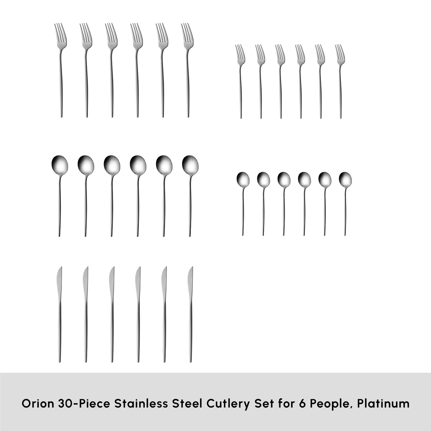 Karaca Orion 30-Piece Cutlery Set for 6 People - 18/10 Stainless Steel Set, Tableware Flatware Silverware Set with Knife Fork Spoon Set, Mixed & Luxury Cutlery Set, Platinum
