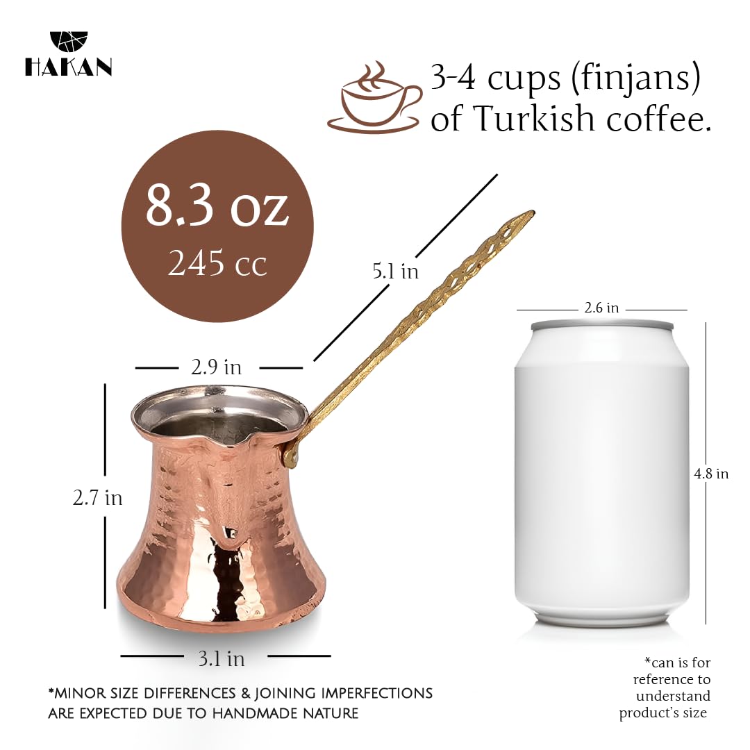 Hakan Turkish Coffee Pot | Stove Top Water Boiler, Coffee Maker, Butter, Chocolate & Milk Warmer | Even and Quick Heat with Handcrafted Copper Material | Coffee Gifts Idea, 8.3 Oz (245 cc)