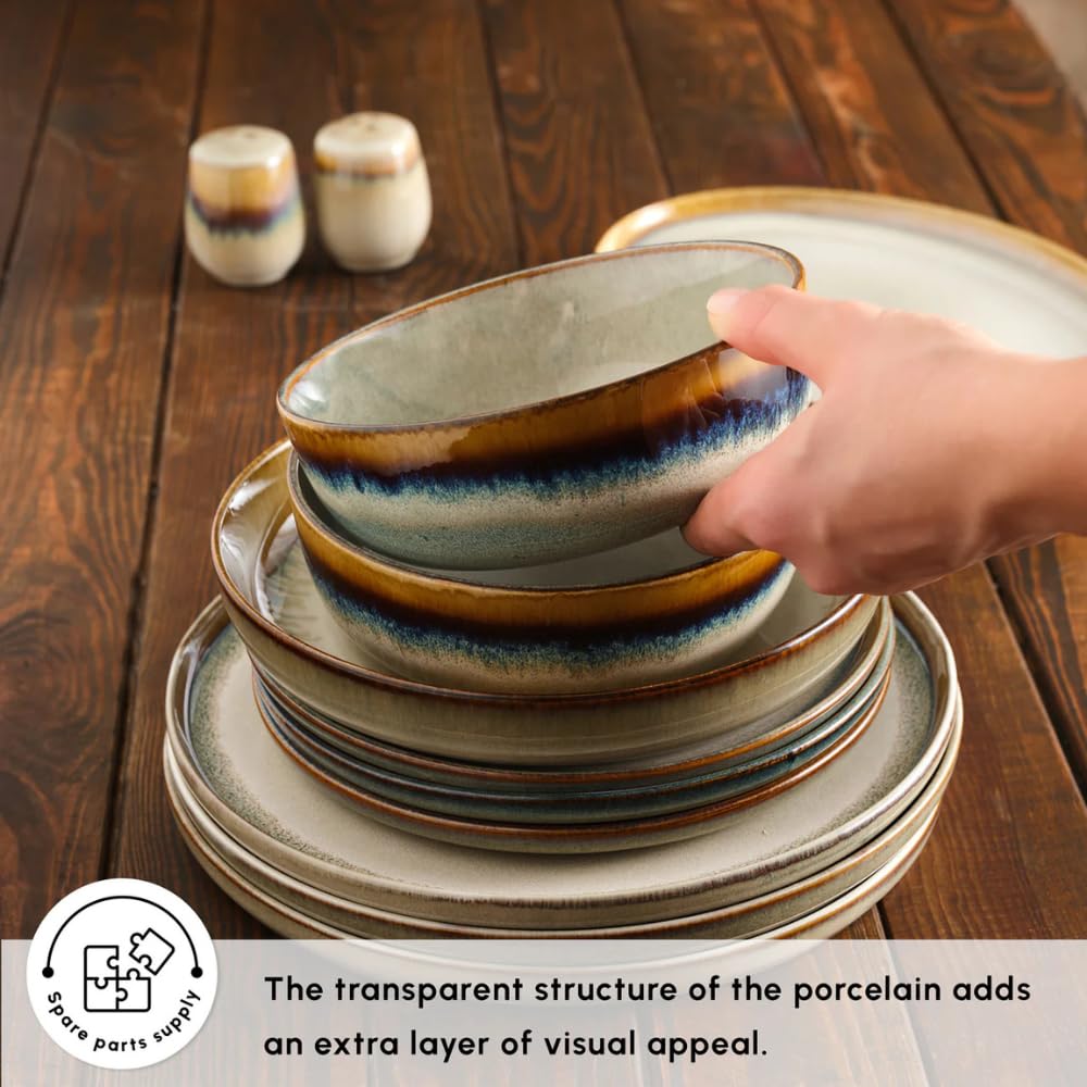 Karaca Earthy Stoneware Plates and Bowls Set, Reactive Glaze Dinner Set, Complete Kitchen Tableware Collection, Ideal Dinnerware for 12 People Dining Experience, Dishwasher Safe, 52 Piece