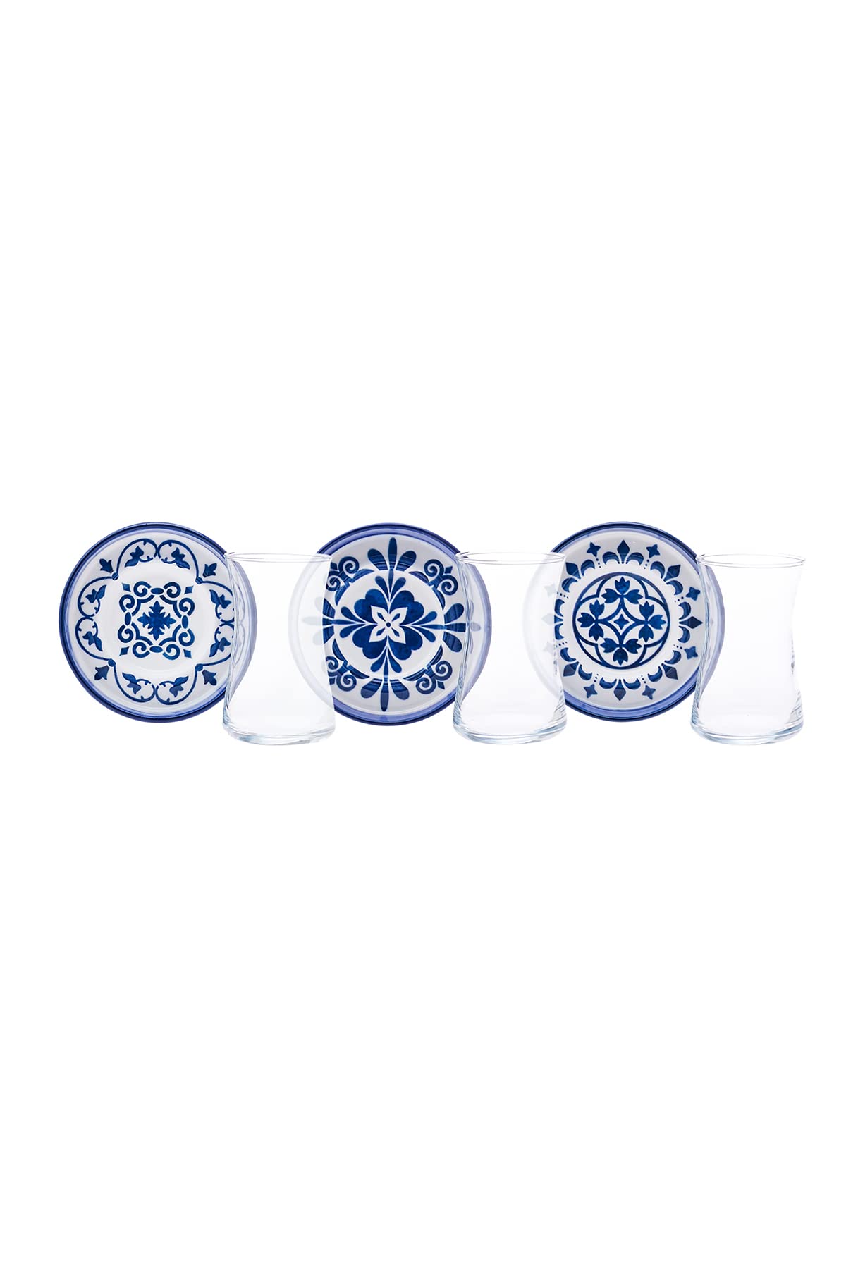 Karaca Zeher Blue Tea Service Set for 6 Person, Tea Glasses Set, 12 Pieces, Turkish Tea, Tea Glasses with Stoneware Saucers
